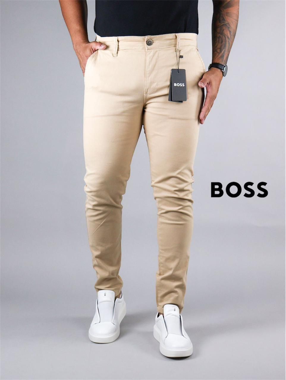 Calça Boss de Sarja Chino Stretch Slim Fit - Areia